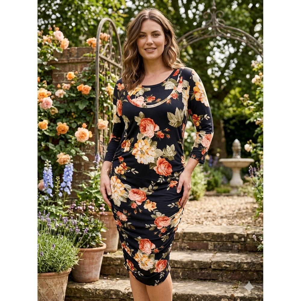 Hello Miz Maternity Midi Dress L Floral Ruched Sheath Navy Orange